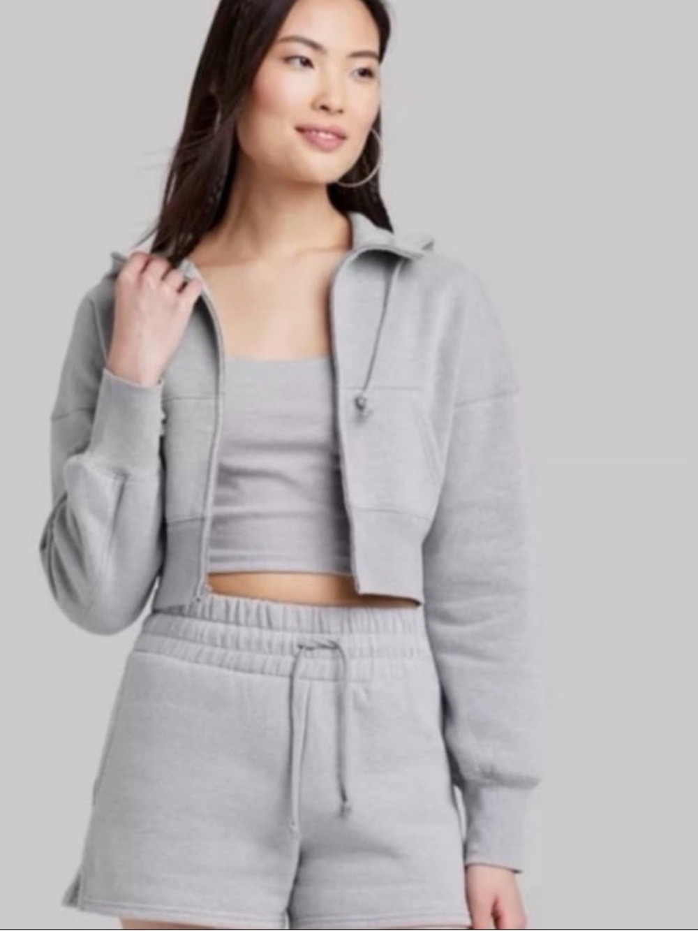 JoyLab Gray Cropped Zip Up Hoodie Sweatshirt Thumbholes Heather Gray Size Medium